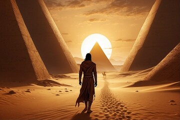 Silhouette of a Person in the Desert in Front of a Pyramid: Seeking Ancient Mysteries - obrazy, fototapety, plakaty