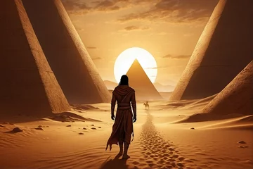 Foto op Canvas Silhouette of a Person in the Desert in Front of a Pyramid: Seeking Ancient Mysteries © alexx_60