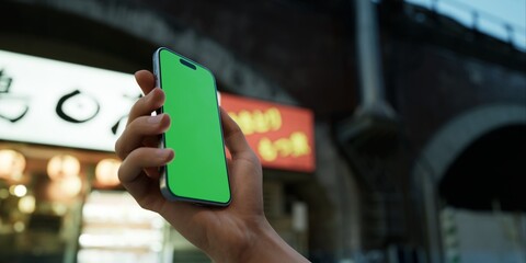 Man is holding a smartphone with a green screen against a urban nightscape - 757299308
