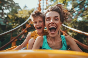 Happy mother and son riding a rollercoaster at an amusement park.