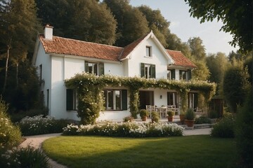 Cozy White House in a Green Blooming Garden.