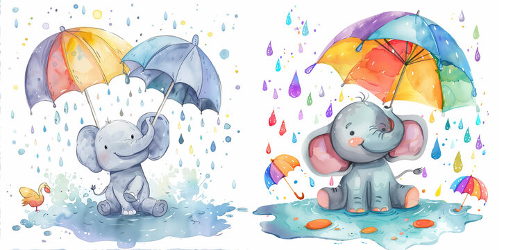 watercolor clipart cartoon elephant splashing happily in a puddle of rain.