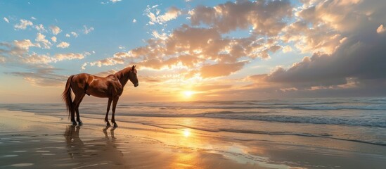 Horses are on the beach at sunset - obrazy, fototapety, plakaty