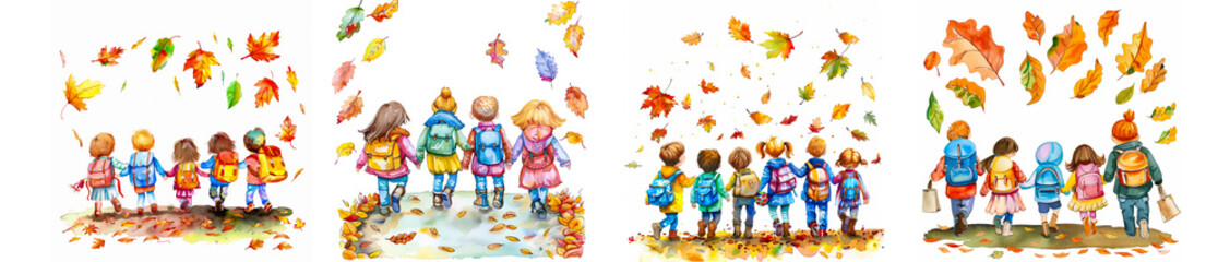 watercolor illustration clipart of a group of adorable kids with colorful backpacks walking together on a path lined with vibrant autumn leaves. - obrazy, fototapety, plakaty