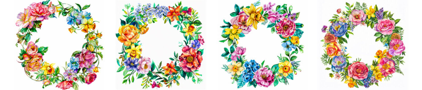 watercolor illustration clipart of a cheerful floral wreath.