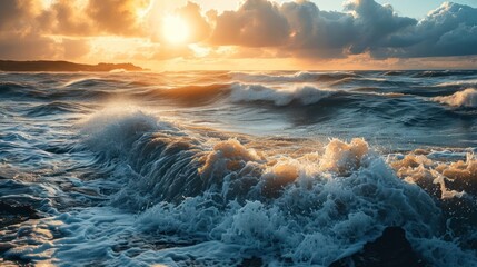 the awe-inspiring moment of the sun setting over the vast ocean, casting a warm and inviting light across the waves, creating a scene of pure serenity - obrazy, fototapety, plakaty