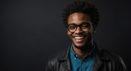 Portrait of attractive handsome black african nerdy model guy optimistic happy laughing on plain bright black background from Generative AI - obrazy, fototapety, plakaty