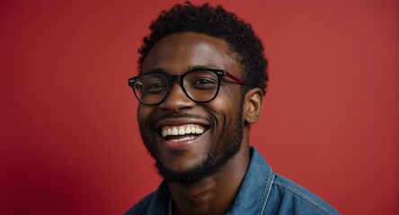 Portrait of attractive handsome nerdy black african guy optimistic happy laughing on plain bright black background from Generative AI - obrazy, fototapety, plakaty