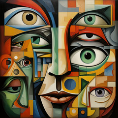 Painting with an abstract face and several multi-colored eyes, cubism