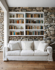 本棚のある石の壁に白いソファ。 モダンなリビング ルームのインテリア デザイン。