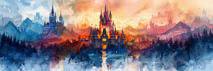 Enchanting watercolor illustration of a fairytale castle amidst a mystical landscape at dusk, perfect for fantasy-themed backgrounds or children's book covers