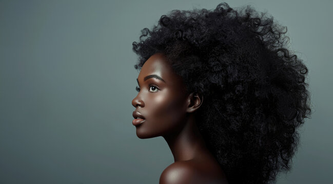 Dark-skinned Girl Model, Beautiful Curly Afro Hair, Shiny Skin, Hair and Skincare Products Advertising 