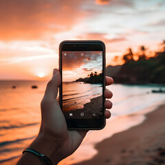 Close-Up Shot of a Hand Holding a Smartphone Taking a Photo of the Sunset Generative AI
