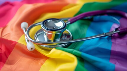 Stethoscope on LGBTQ Rainbow Flag
A medical stethoscope rests on the folds of a rainbow pride flag, symbolizing the importance of LGBTQ inclusive healthcare.
