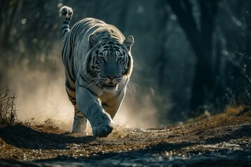 a white tiger on the prowl - obrazy, fototapety, plakaty