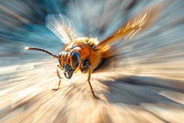 extreme close up of a flying bug with a heavy motion blur background - obrazy, fototapety, plakaty
