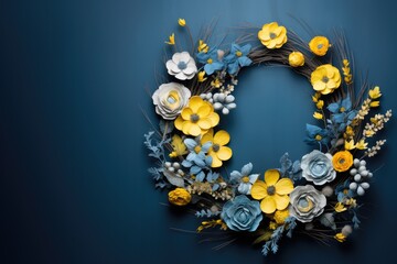 Wreath of blue and yellow flowers with copy space, natural organic floral frame, Ukrainian flag colors..