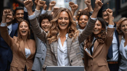 Successful Business Team Celebrating Victory Outdoors