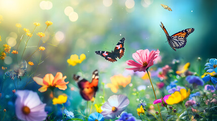 Colorful Butterflies and flowers dance in the meadow, a vibrant scene of nature's beauty