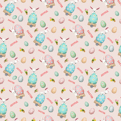 Happy Easter greeting card or poster with seamless pattern with cartoon easter bunny  and joyful  spring Easter motifs