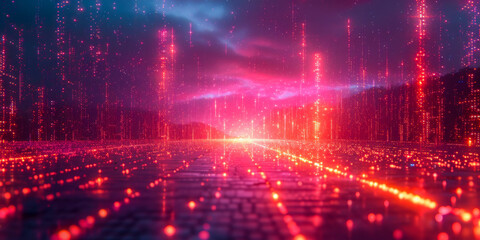 Fototapeta premium Ethereal pathway lit by radiant, magenta glows in a surreal forest