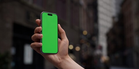 Hand holding a smartphone with a green screen on an urban city street background - 757302946