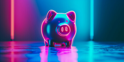 Piggy bank bathed in a neon glow on a blue background, symbolizing savings and finance - obrazy, fototapety, plakaty