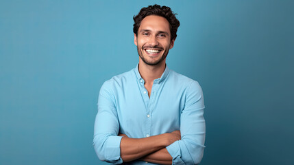 Handsome young man smiling while standing against blue background - Powered by Adobe