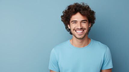 Handsome young man smiling while standing against blue background