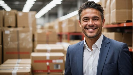 Business man in suit smiling in warehouse full of packages or products in cartons to be sold or shipped. 