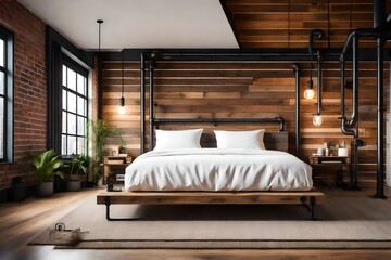 loft bedroom with a platform bed and decent wall