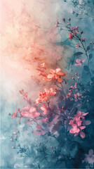 Delicate pink flowers gracefully bloom on a vibrant blue background in a mesmerizing and enchanting painting