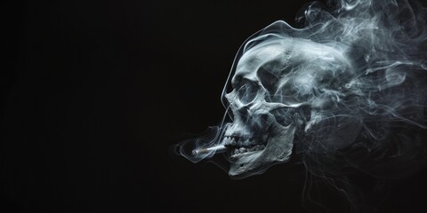 Human skull is smoking on dark background, no smoking concept