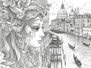 Portrait of a woman in a carnival costume against the backdrop of the canals of Venice. Black and white image for coloring book