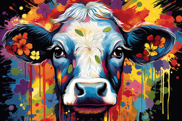 Wunderschöner Kuh im Mixed-Media-Pop-Art-Stil