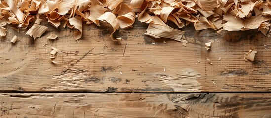 light wood shavings on dark wooden background flat lay with copy space