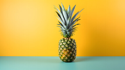 The stark contrast of an orange and blue background brings out the natural beauty of a fresh, ripe pineapple, product presentations	