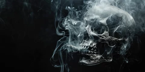 Fotobehang Human skull is smoking on dark background, no smoking concept © DELstudio