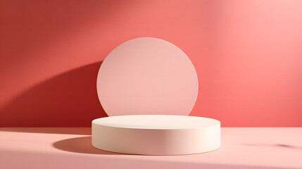 A beautifully soft pastel-hued image, with a circular display stand against a light pink backdrop, product presentations	
