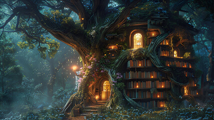 A illustration of a fairy tale book, Cute magical log house, Magic book with magic lights, Generative AI 