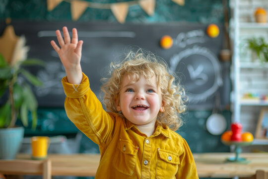 A cheerful curly-haired child in a yellow shirt, raising a hand with excitement in a colorful classroom setting