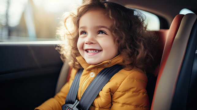 Happy girl in a child car seat wearing a seatbelt