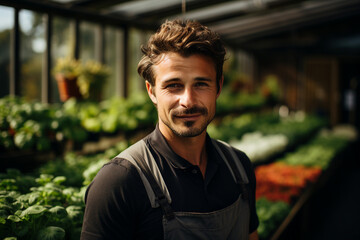 Countryside view with happy gardener picking harvest autumn fall season Generative AI