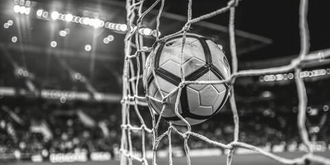 Classic black and white soccer ball caught in the net, a monochr - obrazy, fototapety, plakaty