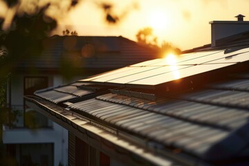 Solar photovoltaic panels on the tiled roof of house against sunset background. Alternative environmentally friendly energy generation. Eco solar panels, modern technologies