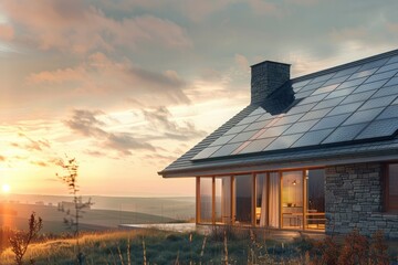 Solar photovoltaic panels on the tiled roof of house against sunset background. Alternative environmentally friendly energy generation. Eco solar panels, modern technologies