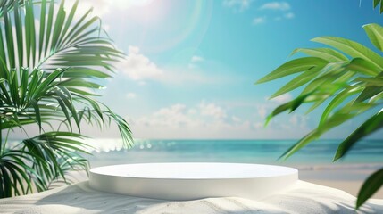Summer mockup. A white empty podium for cosmetics, product demonstration stands on the sand against the backdrop of sea. Sunlight and leaves of tropical plants. 3d illustration