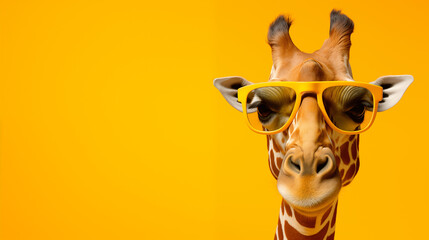 portrait of a giraffe with sunglasses and vibrant yellow background, text space