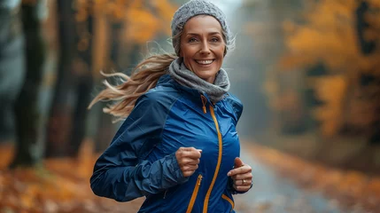 Keuken spatwand met foto Woman jogging in autumn forest. Healthy lifestyle and sport concept. © Dream Studio