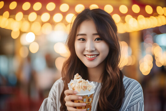 AI generated photo of happy attractive adult girl have fun enjoy weekend on the carousel amusement park